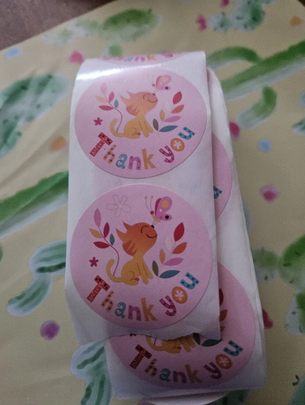 Thank You Pink Stickers - Cute Cat & Butterfly Design